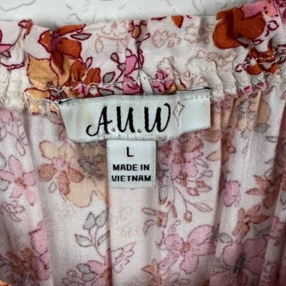 AUW Womens L Multicolor Floral Romper Cinched Waist Pleated Bust Keyhole Tie - Picture 4 of 8